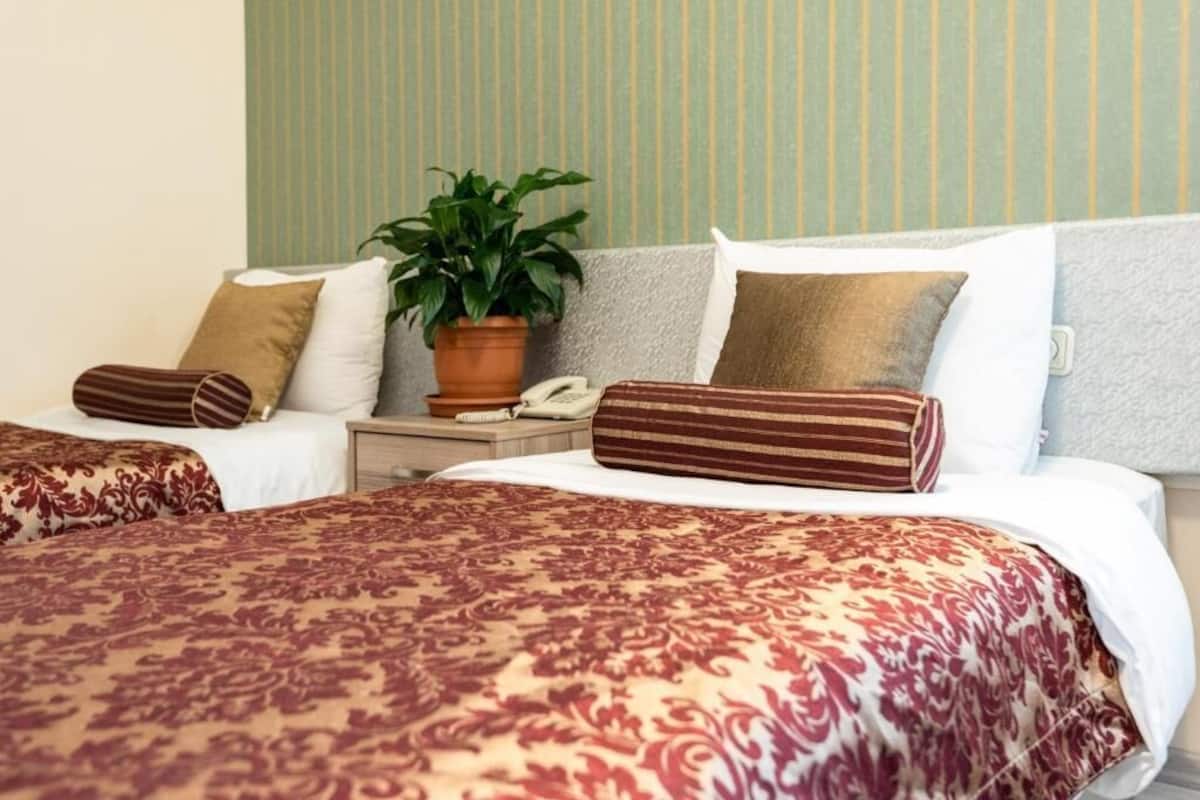 Habitación de hotel con dos camas, una planta en maceta, una mesita de noche con un teléfono y un almohadón a rayas.