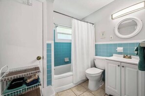 Shower, hair dryer, shampoo