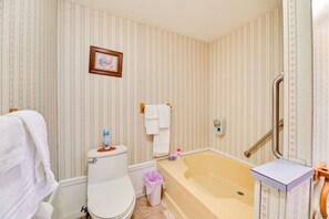 Hair dryer, towels, soap, toilet paper