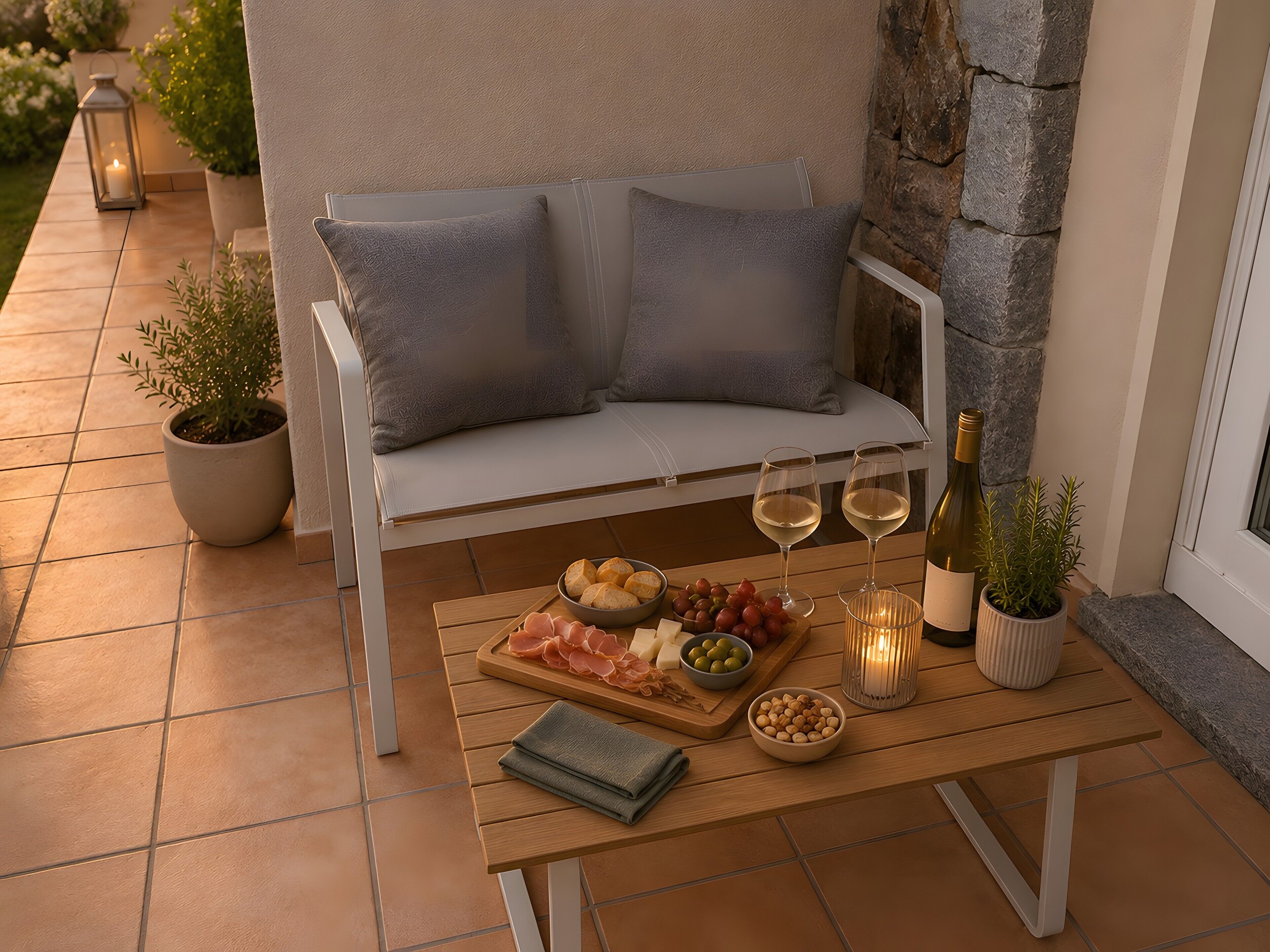 Eine Terrasse mit einer weißen gepolsterten Bank, einem Holztisch mit Speisen und Getränken sowie Topfpflanzen.