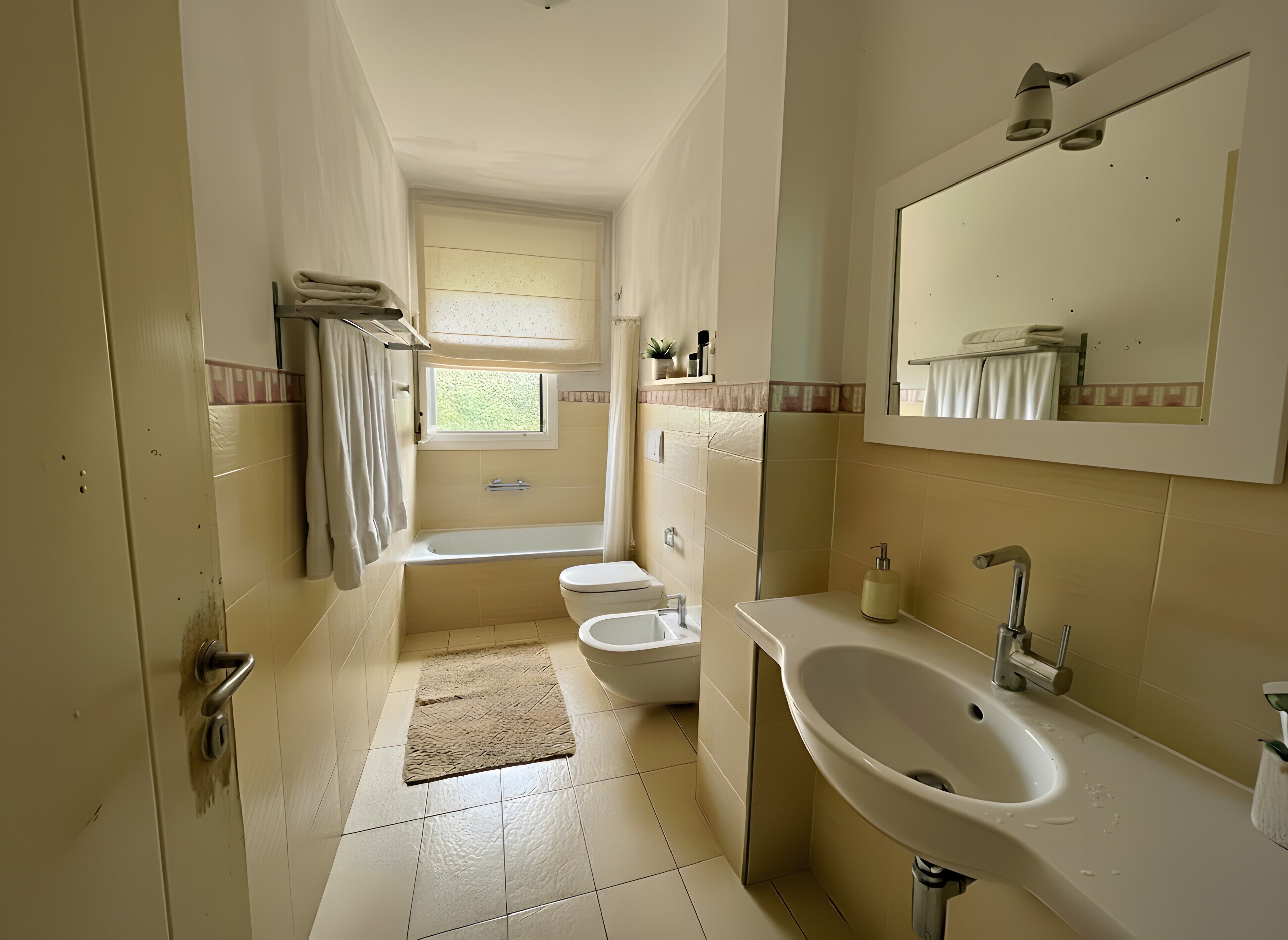 A narrow bathroom with a bathtub, two sinks, a toilet, and a window.
