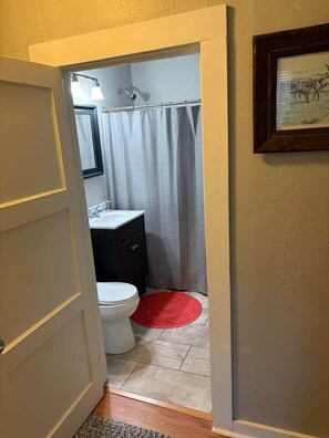 Un baño con inodoro, lavabo y cortina de ducha.