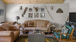 A living room with a brown leather sofa, a green armchair, a coffee table, and a television. - Hocking Hills Half Stoned Cabin in the Woods (Nelsonville)