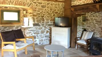 Une pièce aux murs de pierre, avec un téléviseur posé sur un meuble, une cheminée, un canapé et un fauteuil.