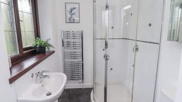 Un baño con cabina de ducha de vidrio, un lavamanos blanco y una planta en maceta en el alféizar.