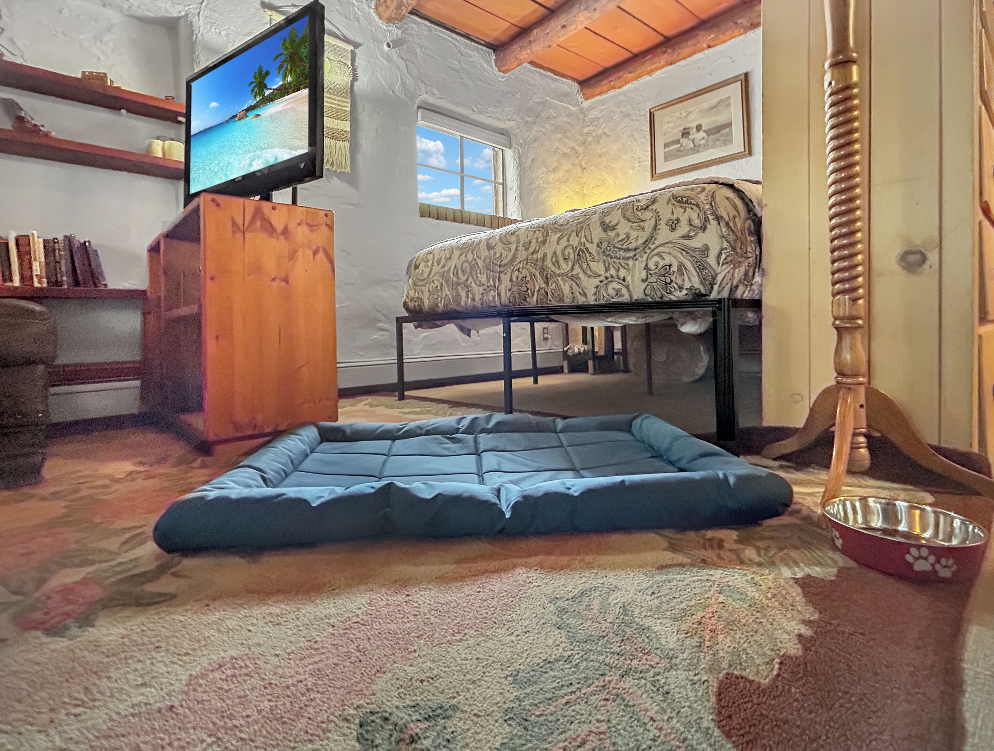 A room with a television on a wooden stand, a patterned sofa, a blue mattress on the floor, a wooden chair, and a pet bowl.