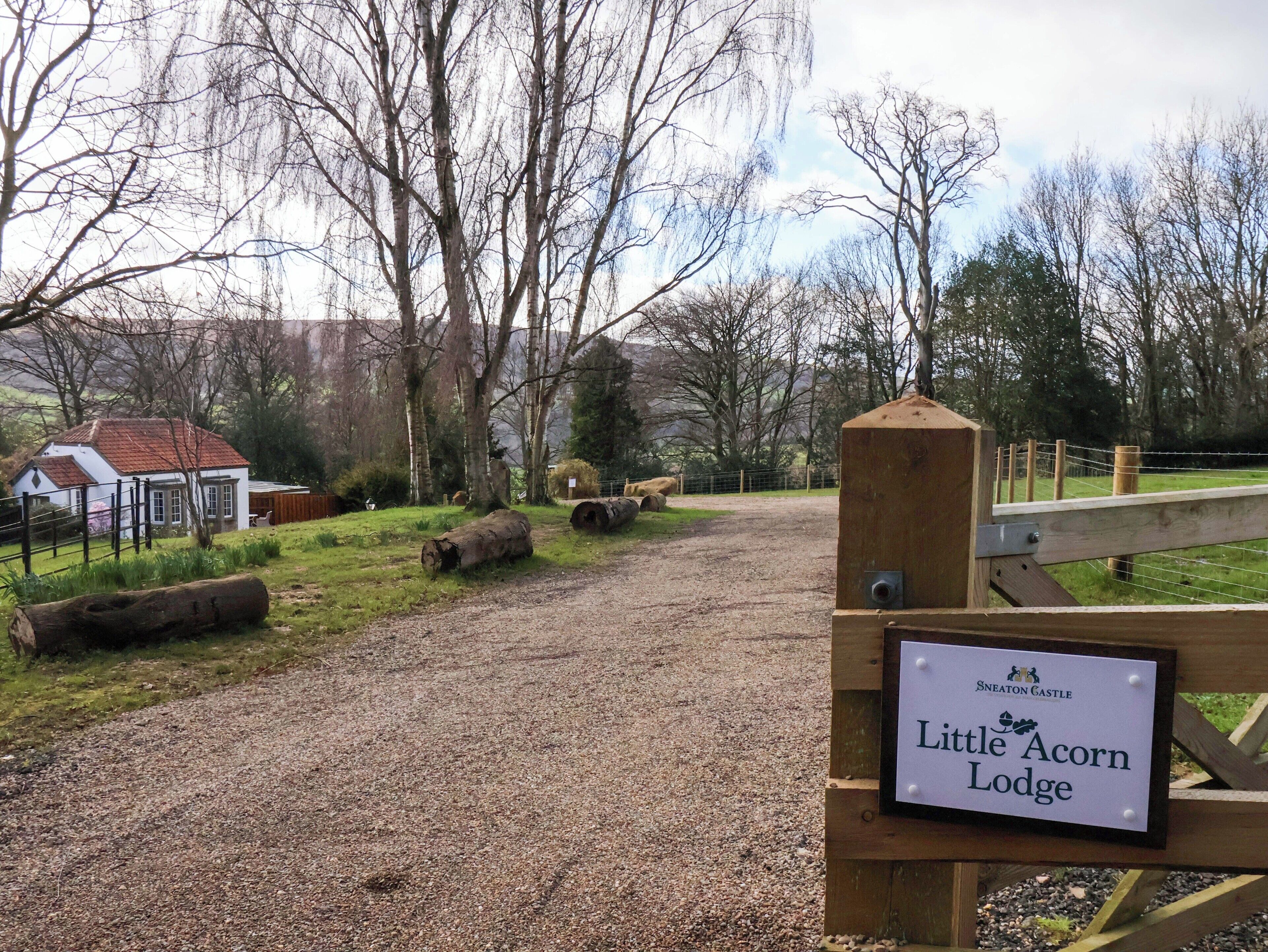 A gravel path leading to Little Acorn Lodge, surrounded by trees and a white building with a red roof.