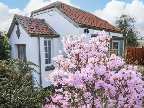 Un bâtiment blanc avec un toit recouvert de tuiles rouges, une fenêtre et une porte.