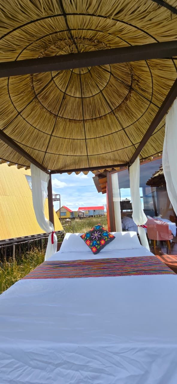 A bed under a thatched roof with a view of buildings in the background.