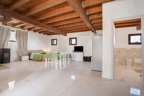 Une pièce spacieuse avec un plafond en bois, un lit, un coin repas, une télévision et une salle de bain.