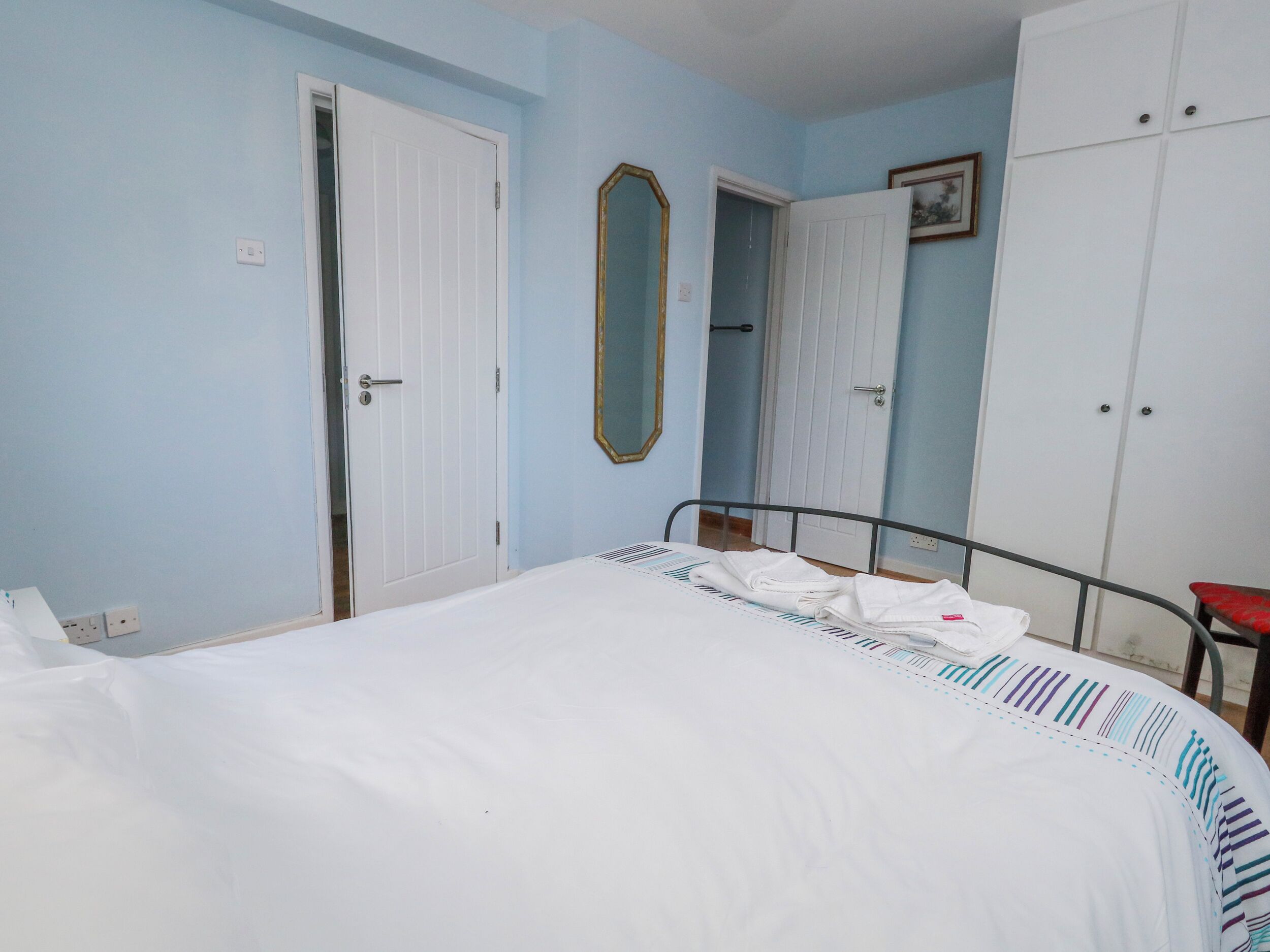 A bedroom with a bed, a wardrobe, a mirror, and a door.