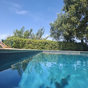 Piscina límpida com vista para árvores e uma cerca verde ao fundo.