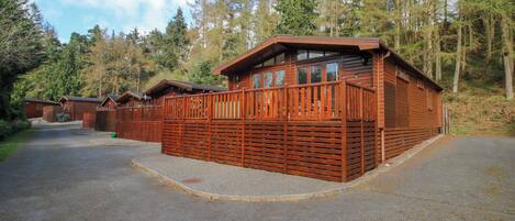 A row of wooden cabins with a fenced driveway, surrounded by trees.