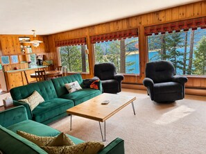TV, fireplace, books
