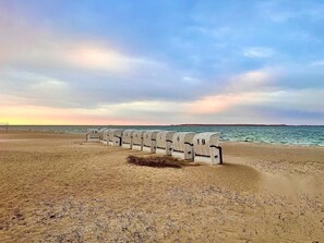 Ein Strand mit Reihen nummerierter Liegen und einem Volleyballnetz.