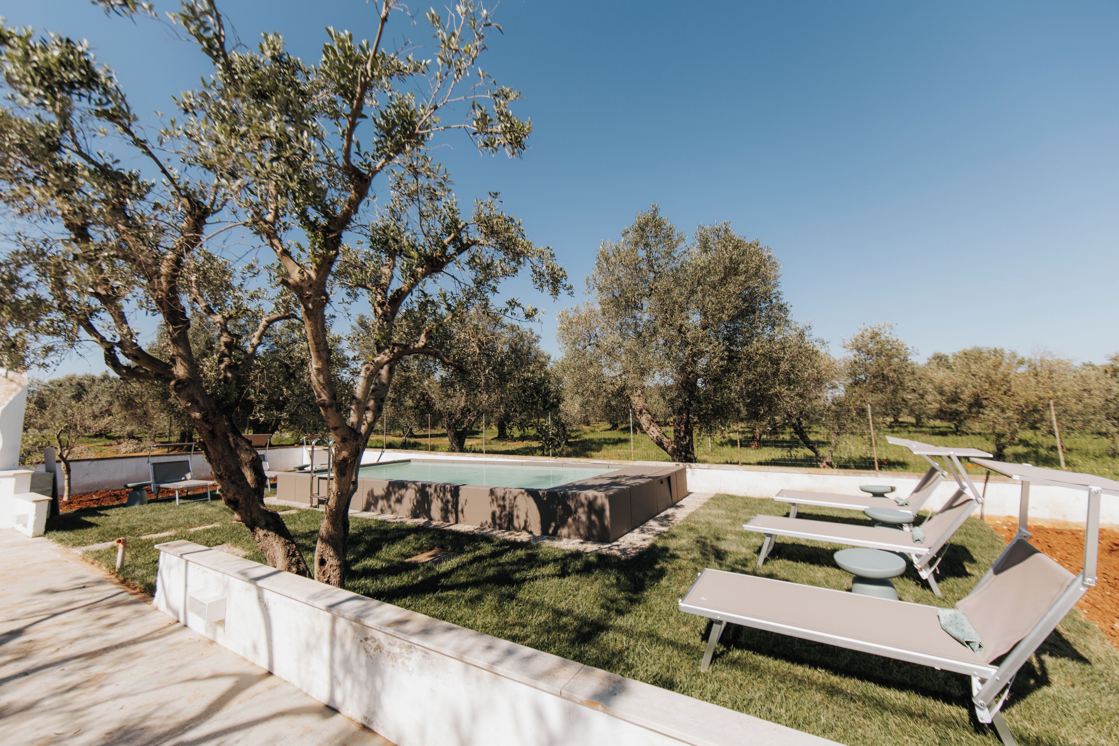 A pool area with lounge chairs, a concrete deck, and trees in the background.