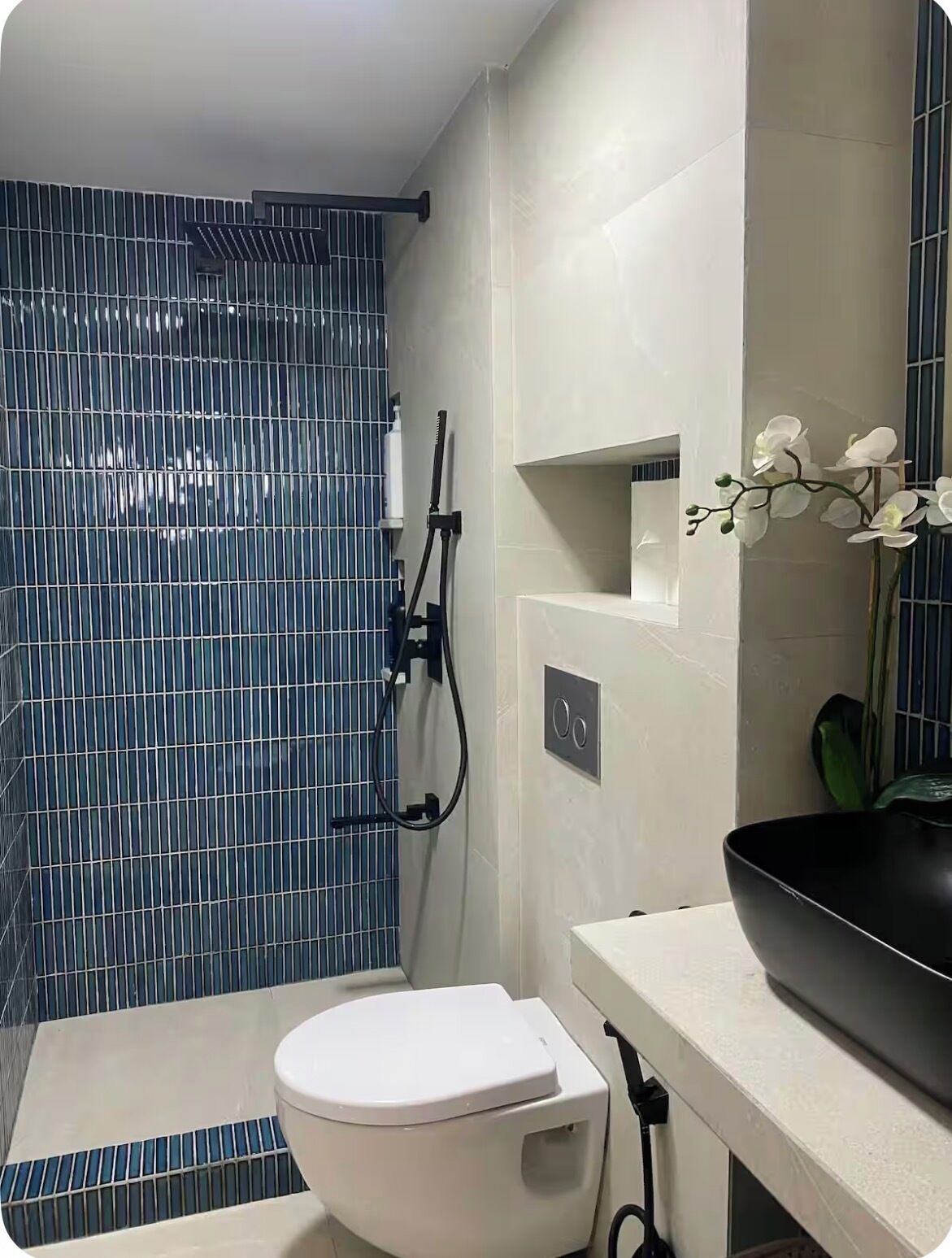 Shower, hair dryer, bidet, towels