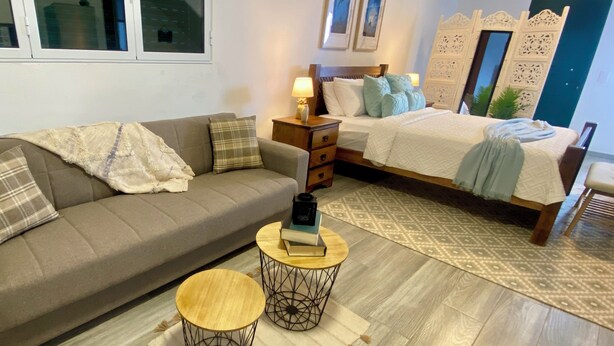 A room with a sofa, a bed, a nightstand, a lamp, and a small table.