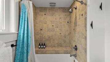 Hair dryer, towels, soap, shampoo