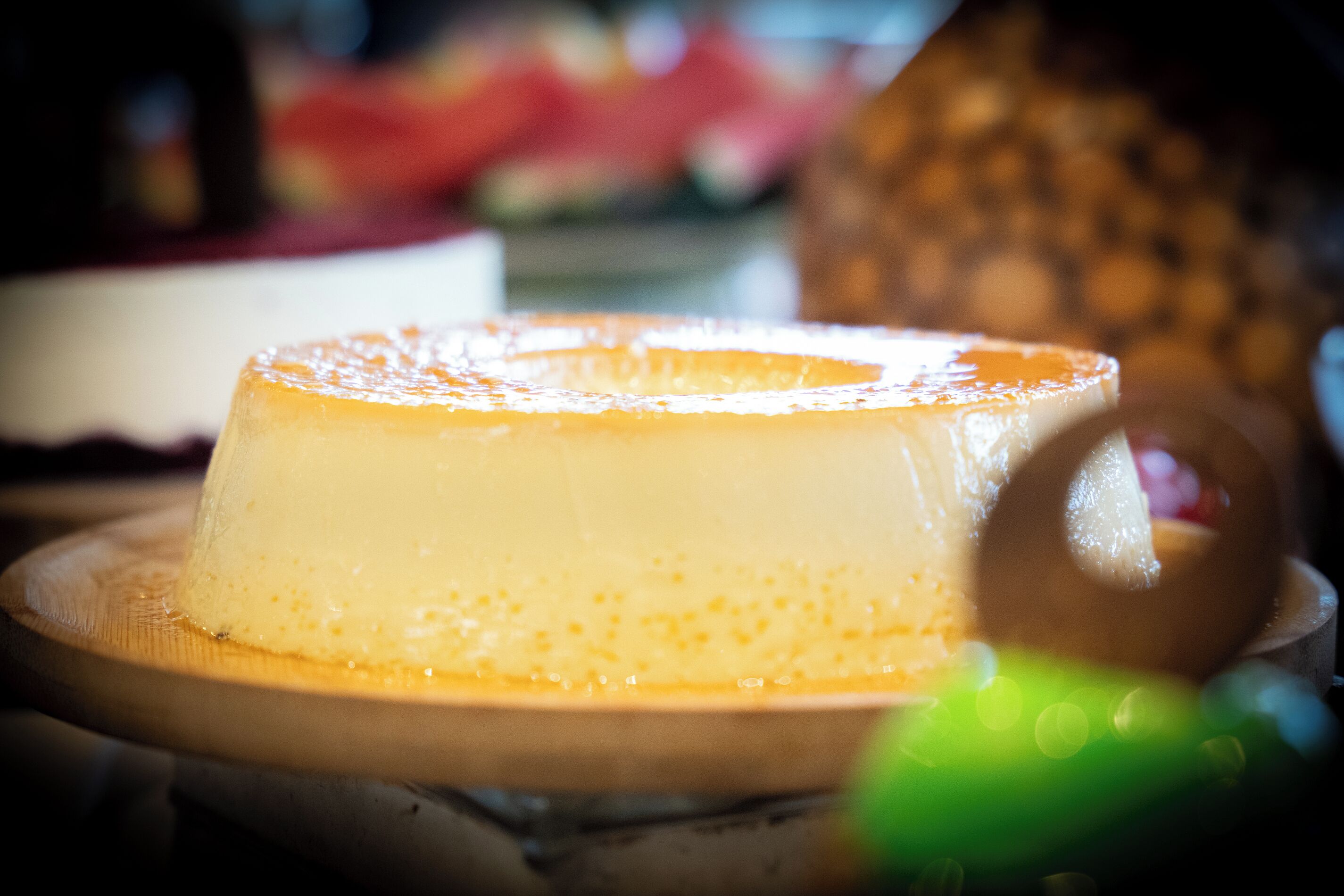 A dessert on a wooden board.