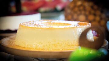 A dessert on a wooden board.