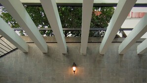 A stone wall with a wall-mounted light fixture and large green plants at the base.