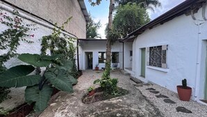 En innergård med en vit byggnad, en palm och krukväxter.