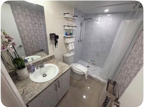 Ducha, secador de pelo, bidé y toallas