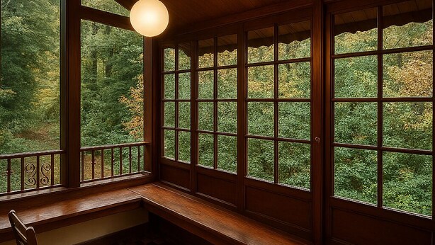 Una habitación con amplios ventanales, un banco de madera y suelo a cuadros.