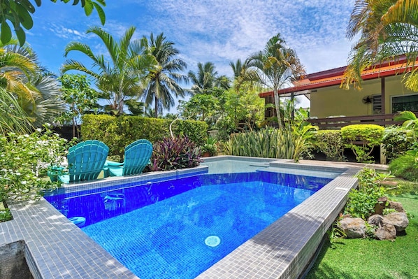 Une piscine rectangulaire bordée de carreaux, entourée d’une végétation luxuriante et de palmiers.