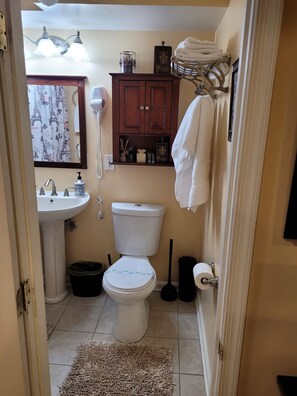 A bathroom with a toilet, sink, and shower curtain. - Serene 1-bedroom apartment in vibrant Washington (Washington)