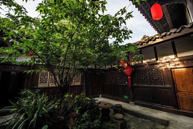 Un patio tradicional con un árbol, plantas en macetas y una puerta de madera.