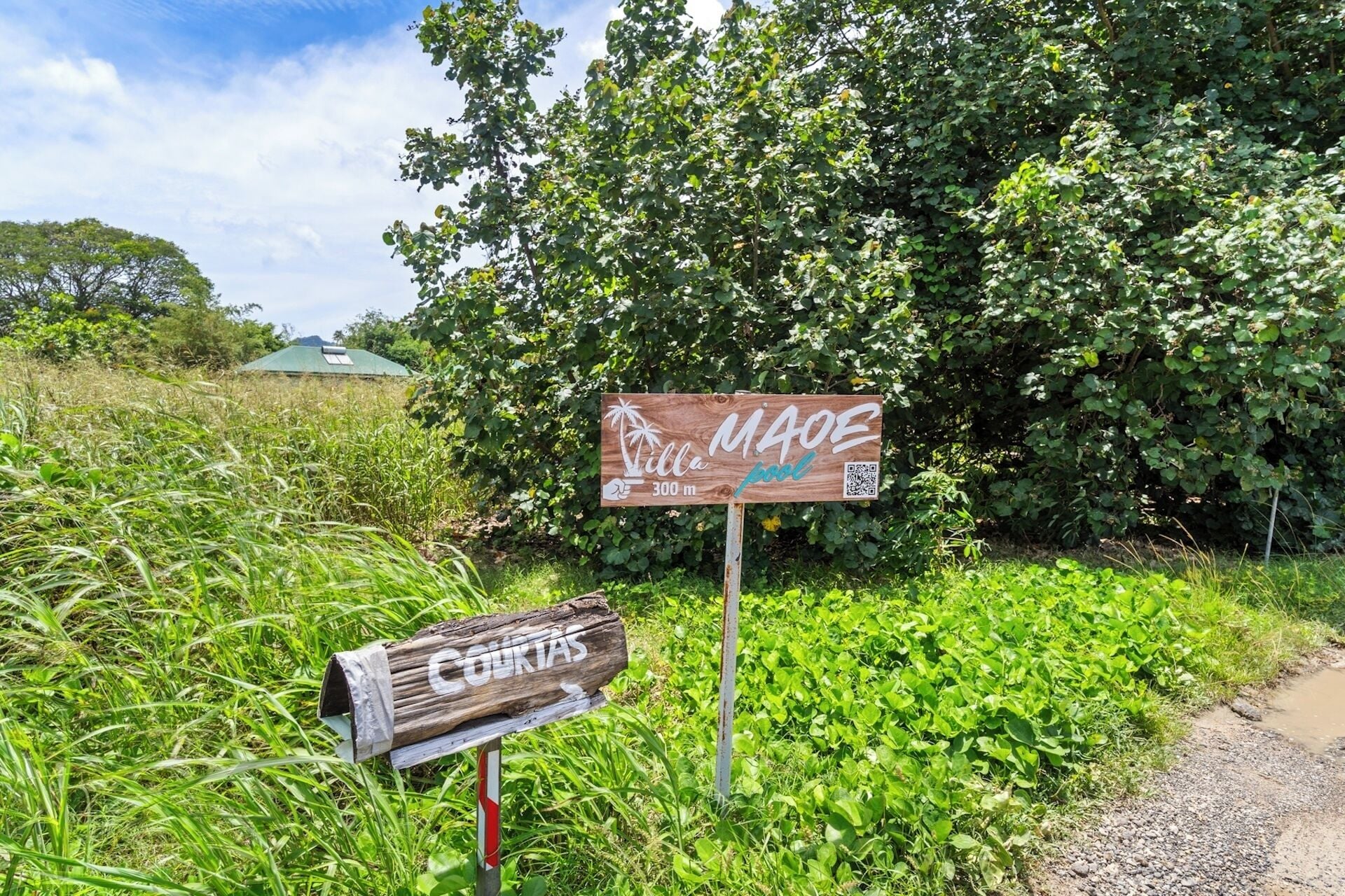A wooden signpost with 'MAOE pool' and a distance marker of '300 m' indicating a swimming area.