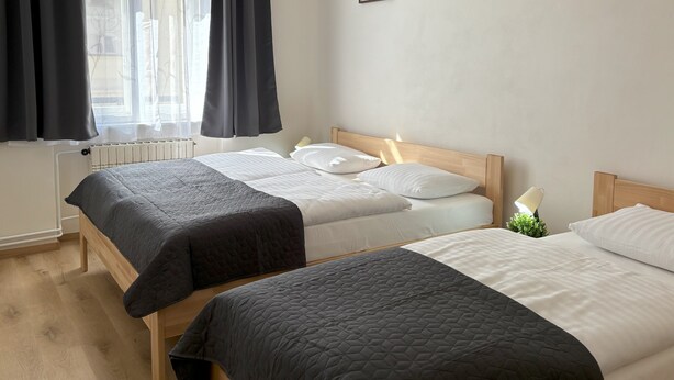 A hotel room with two beds, a radiator, a window with curtains, and two framed pictures on the wall. - Prague Deluxe City Center Apartment (Hlavní město Praha)