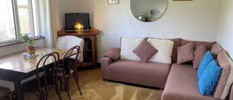 A living room with a sofa, a TV, a dining table with chairs, a rug, and a window with curtains.