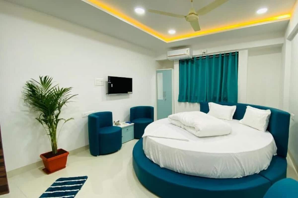 A modern bedroom with a round bed, a ceiling fan, a TV, and a potted plant.