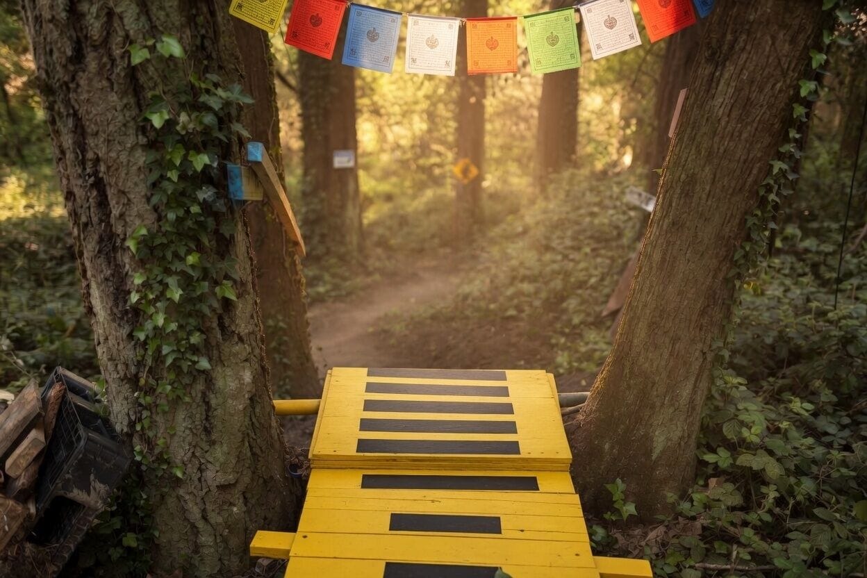 Eine Holzbrücke in einem Wald mit bunten Flaggen.