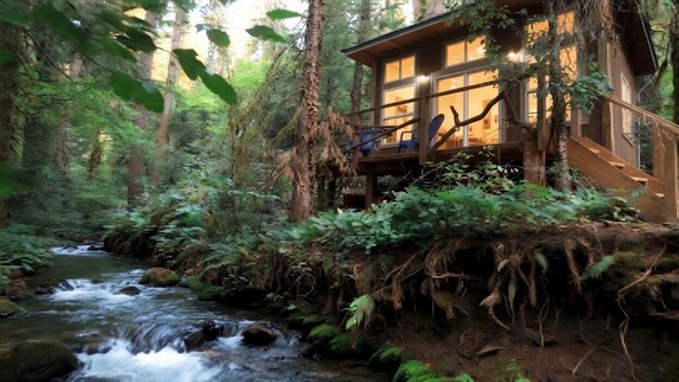 A wooden cabin with a deck overlooking a forested stream.