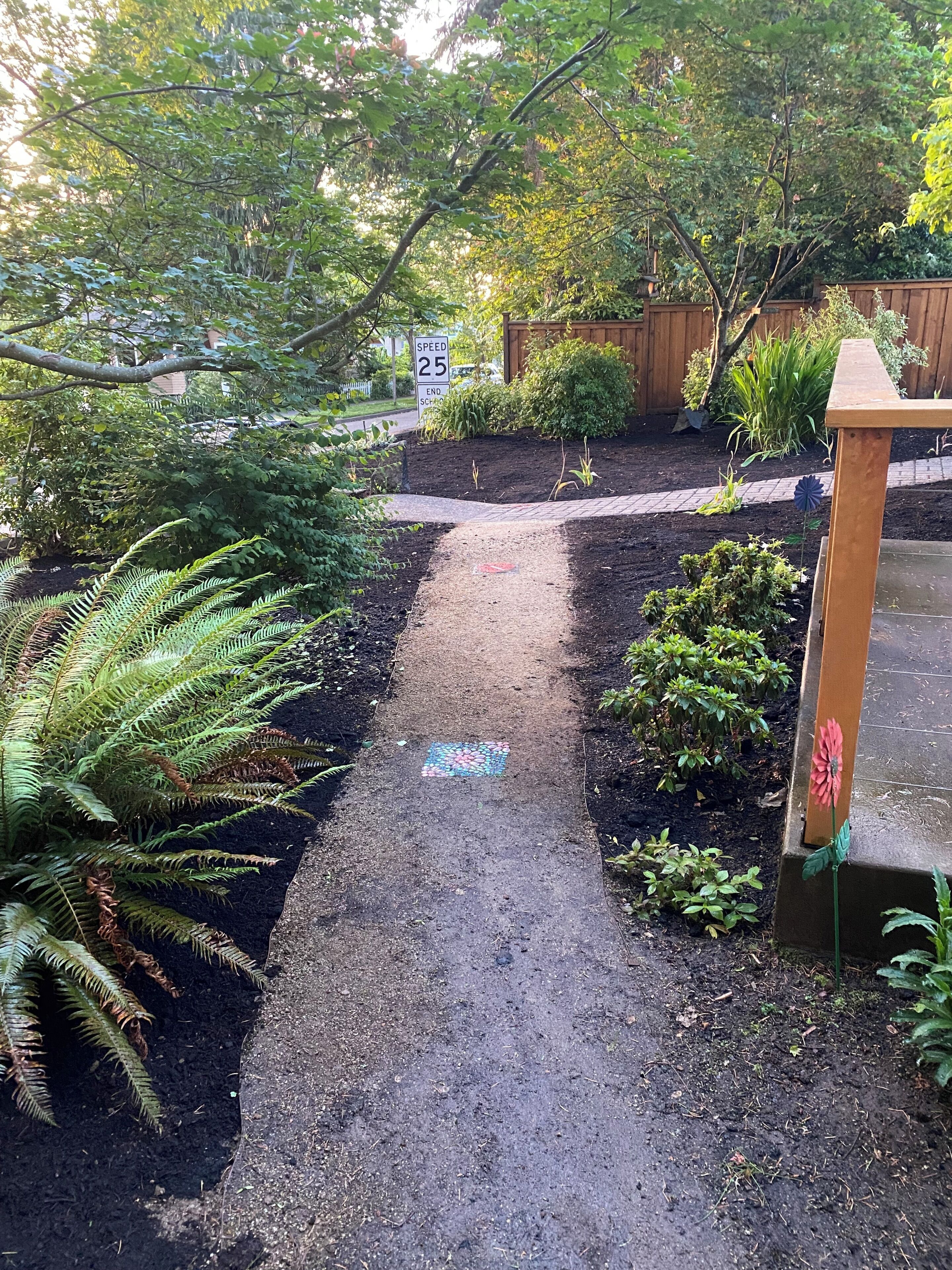A garden pathway with a speed limit sign, surrounded by various plants and a wooden fence.