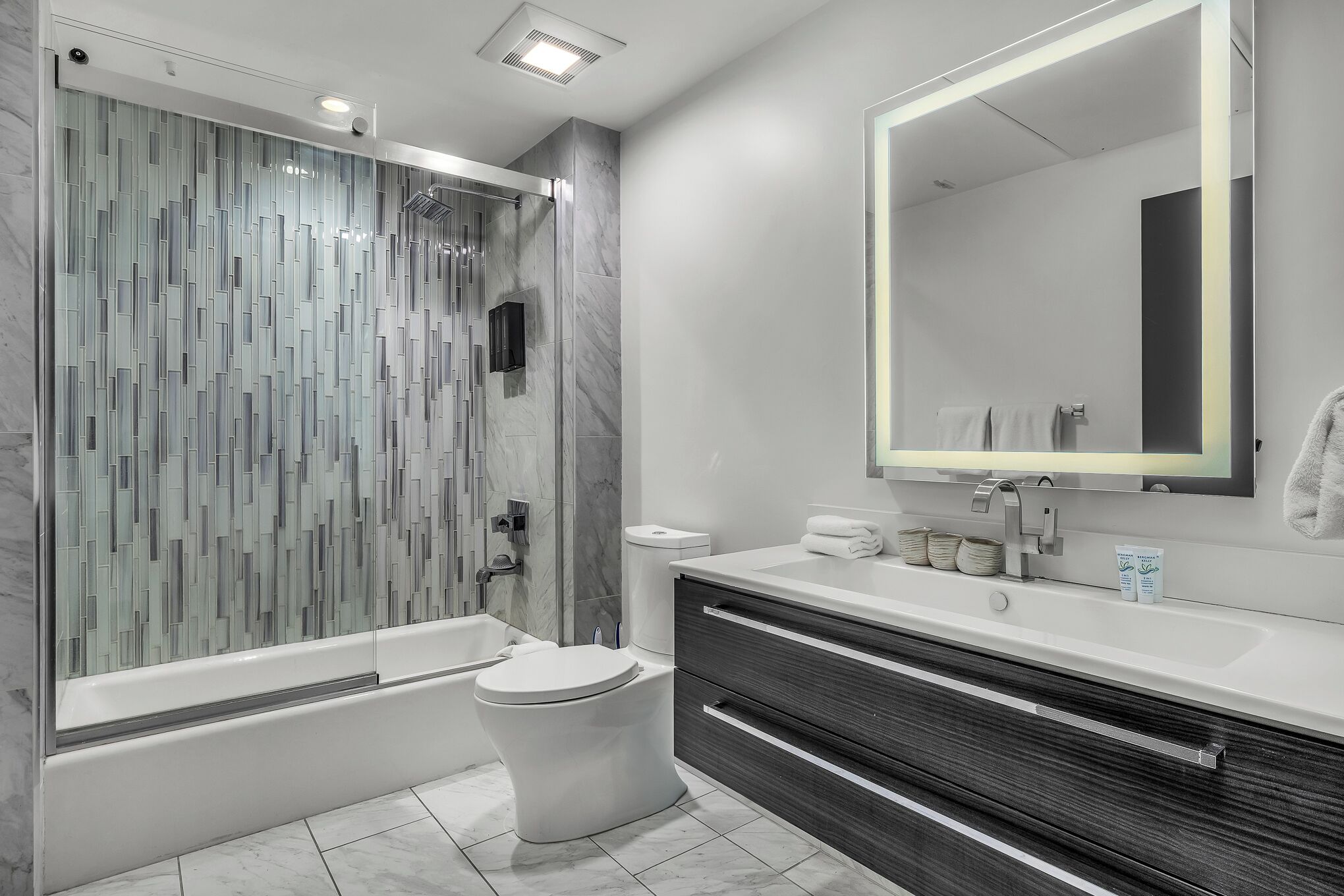 Hair dryer, towels, soap, shampoo