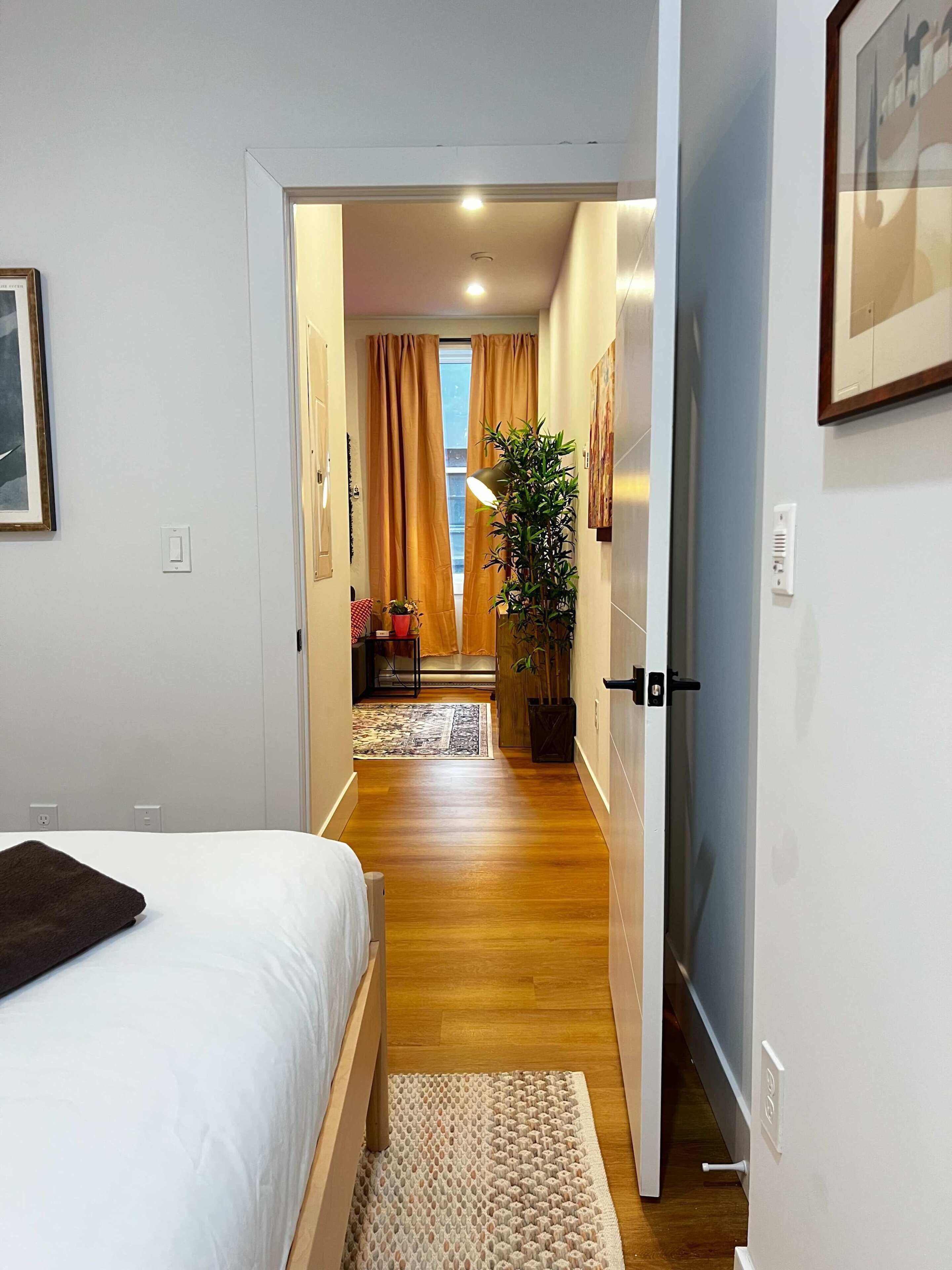 A bedroom with a bed, a hallway leading to a living area, and a potted plant.