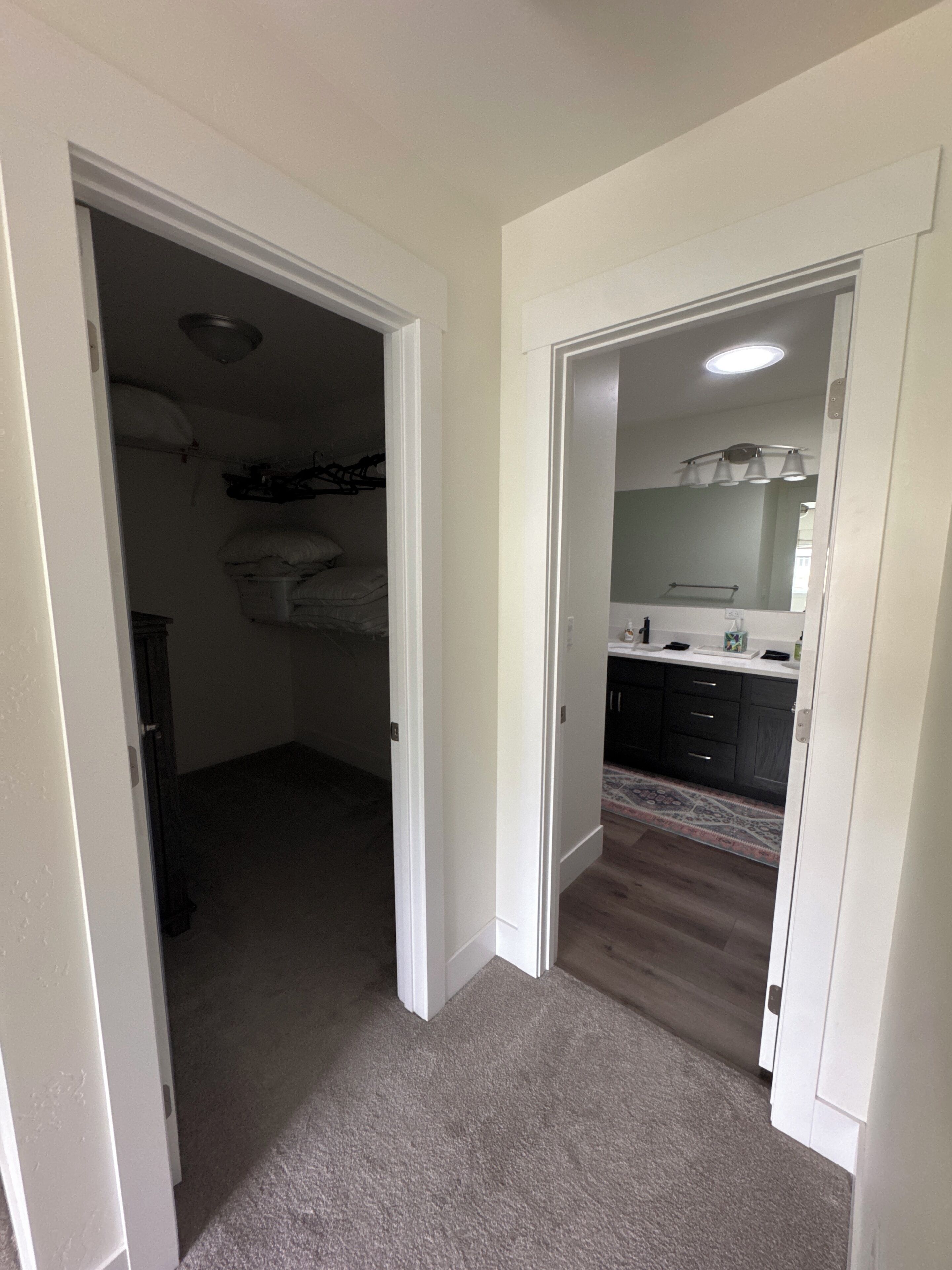 A hallway leading to a bedroom with a closet and a bathroom with a sink and mirror.