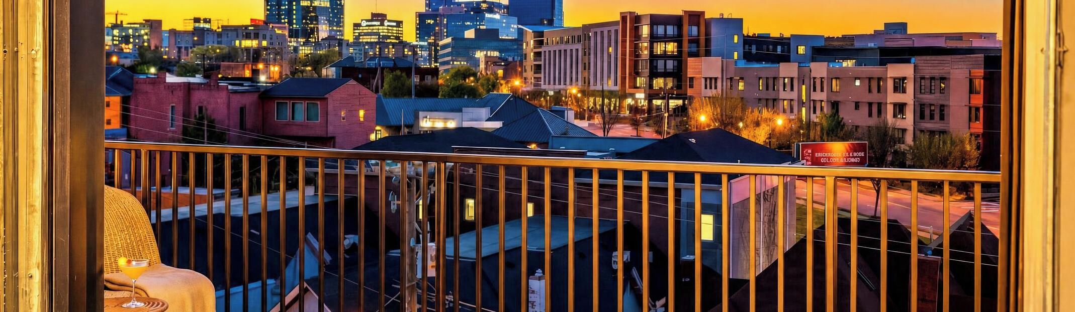 A balcony with a view of a cityscape at dusk.