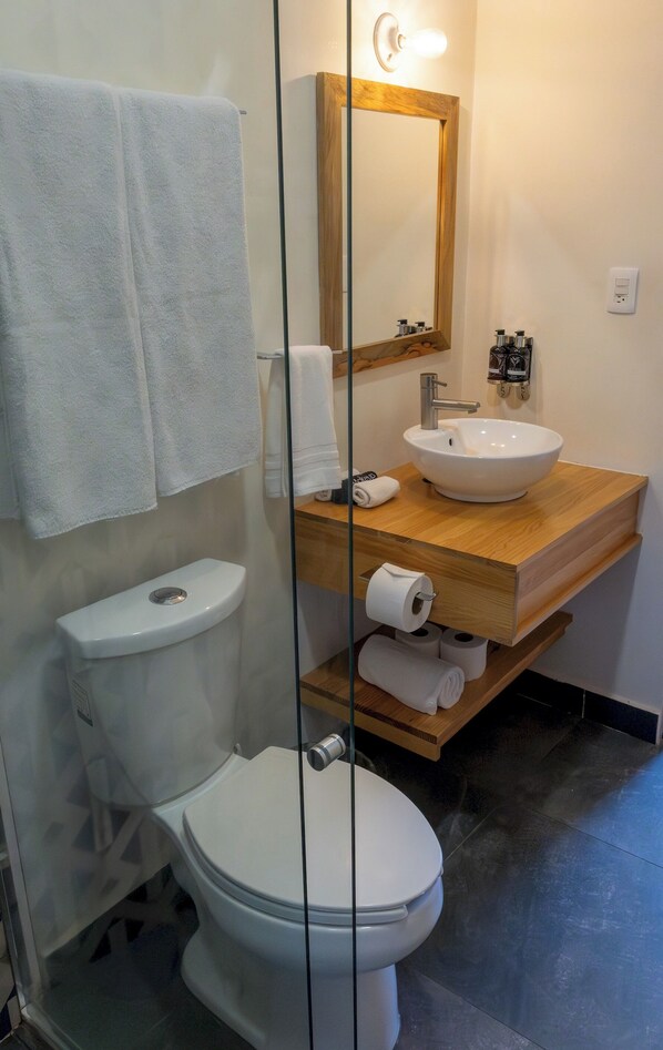 A bathroom with a toilet, sink, and mirror. There are towels and toiletries visible.