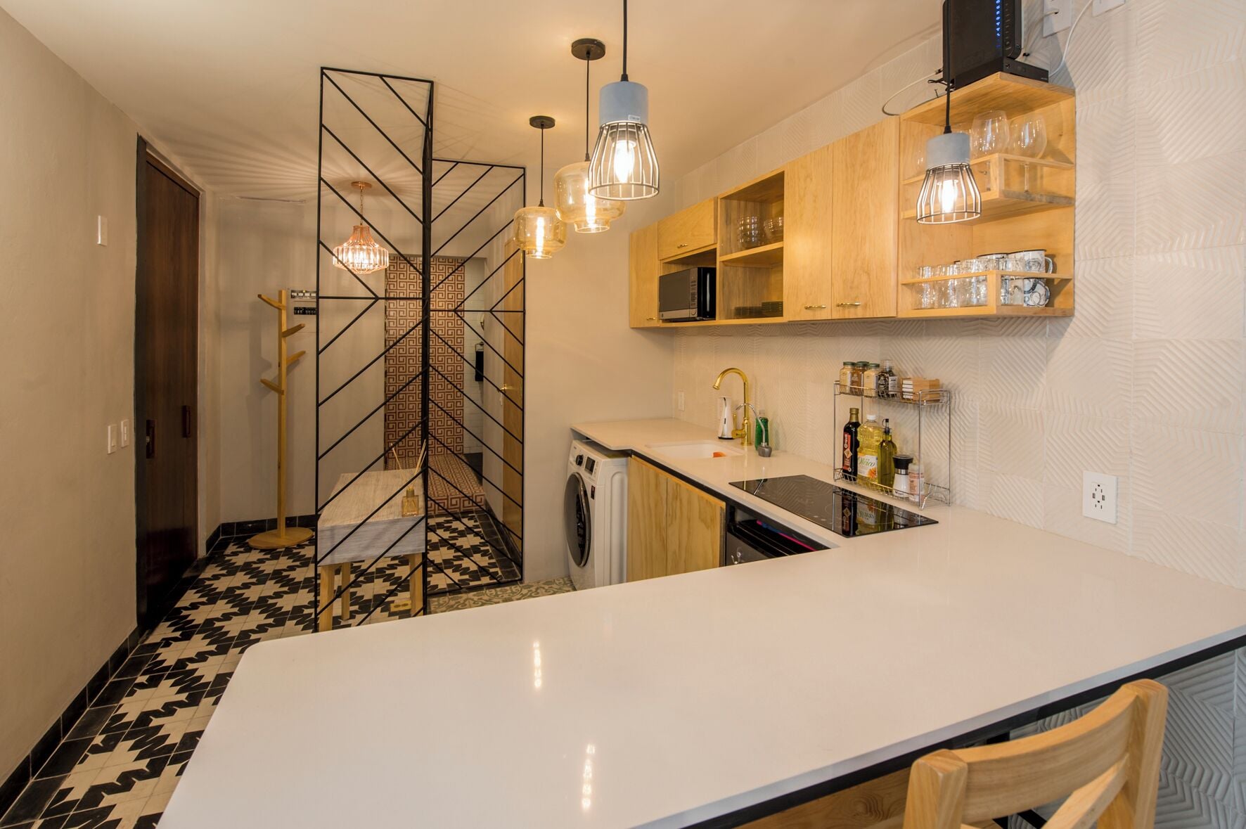 Fridge, microwave, toaster, dining tables