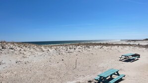A beach with two picnic tables and a clear view of the ocean. - Cozy 2-bedroom condo located directly on Hampton Beach with AC (Hampton)