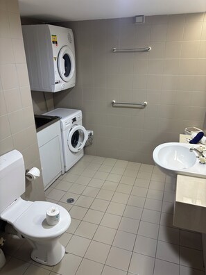 Hair dryer, towels, soap, toilet paper