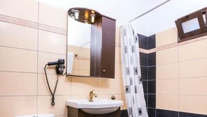 A bathroom with a toilet, sink, mirror, and shower.