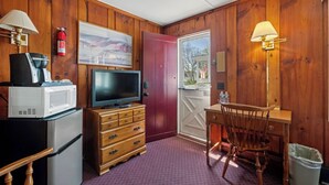 Una habitación con paredes de madera, un televisor sobre un aparador de madera, un microondas, una cafetera, una lámpara, una silla y una puerta que da al exterior.