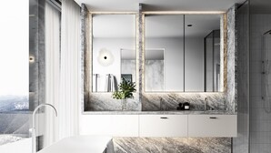 Ein modernes Badezimmer mit großem Spiegel, zwei Waschbecken, einer Dusche und Blick auf eine verschneite Landschaft.